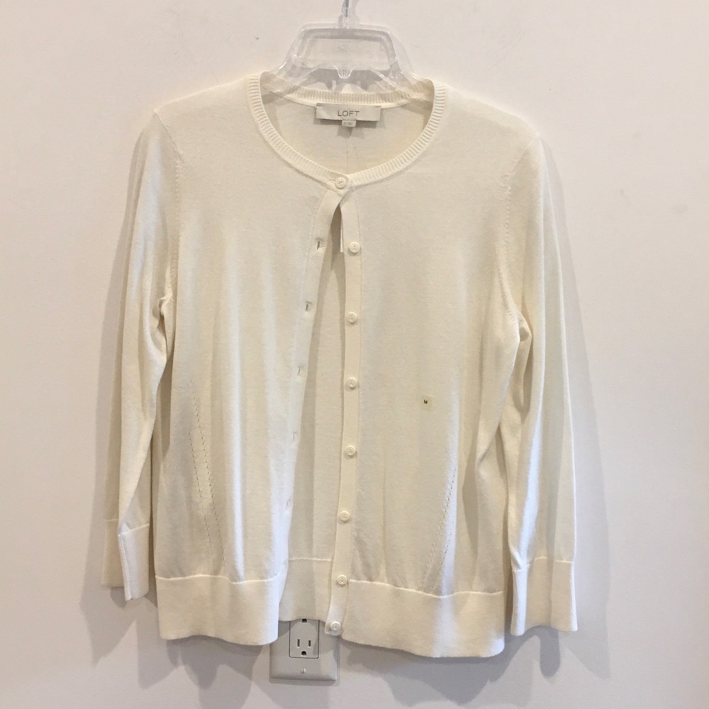 LOFT Cream Lightweight Button-Front Cardigan